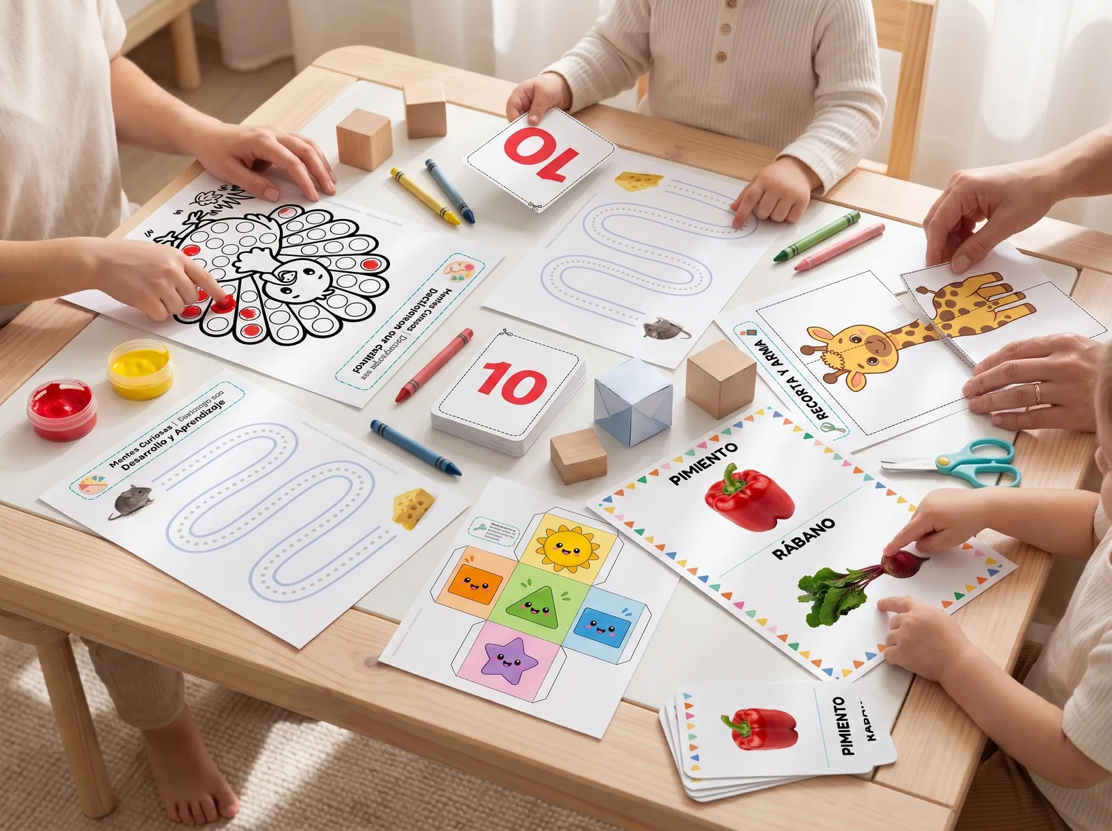 Niños recortando y jugando con las tarjetas de Mentes Curiosas